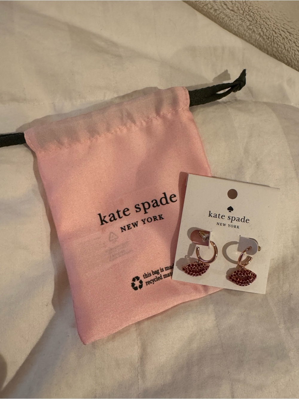 kate spade Pink Drawstring Pouch with Pink Crystal Lip Earrings